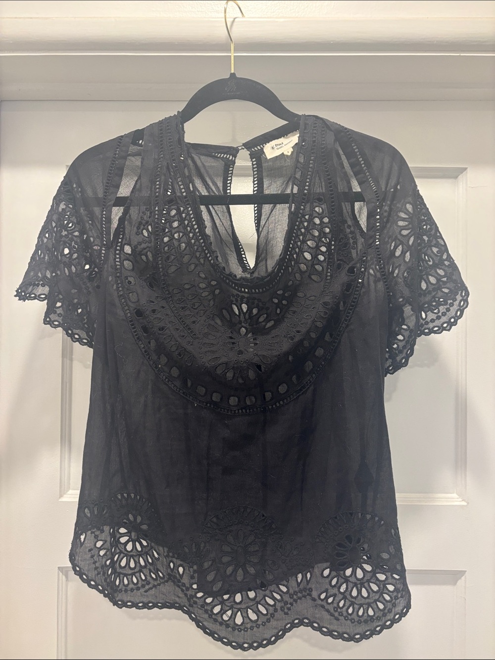 Isabel Marant Black Eyelet Lace Short Sleeve Blouse
